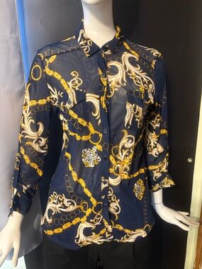 DNA couture Navy & Gold Baroque Chain Button-Down Shirt